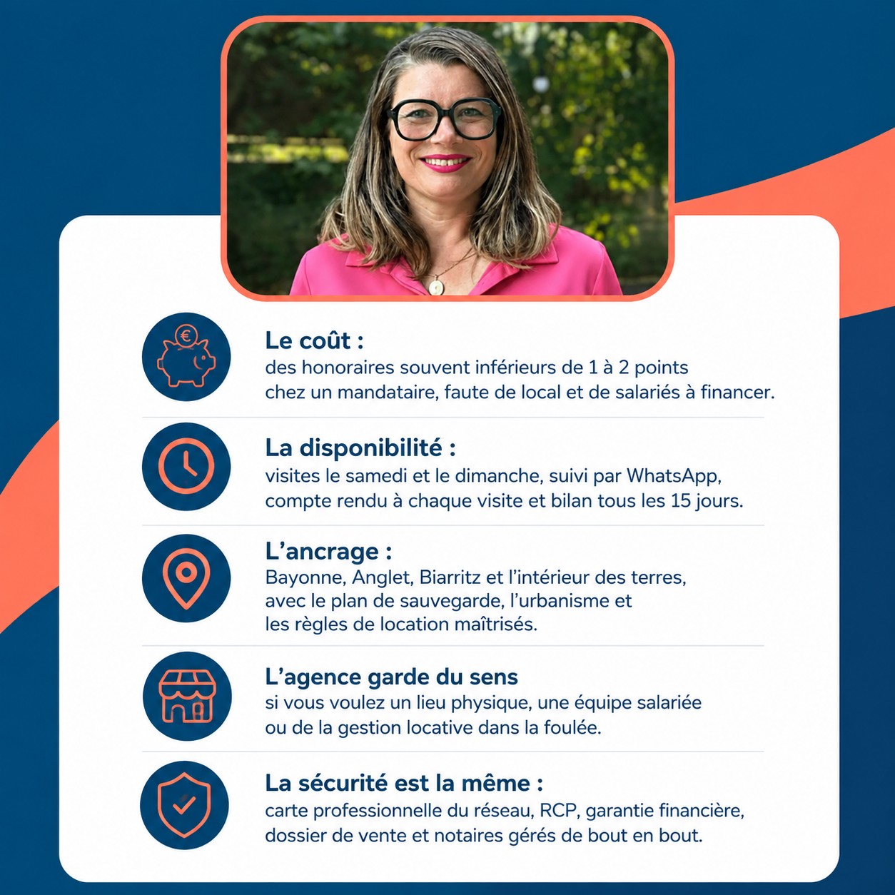 Infographie : mandataire ou agence immobilière à Bayonne, comparatif des honoraires, de la diffusion et du suivi
